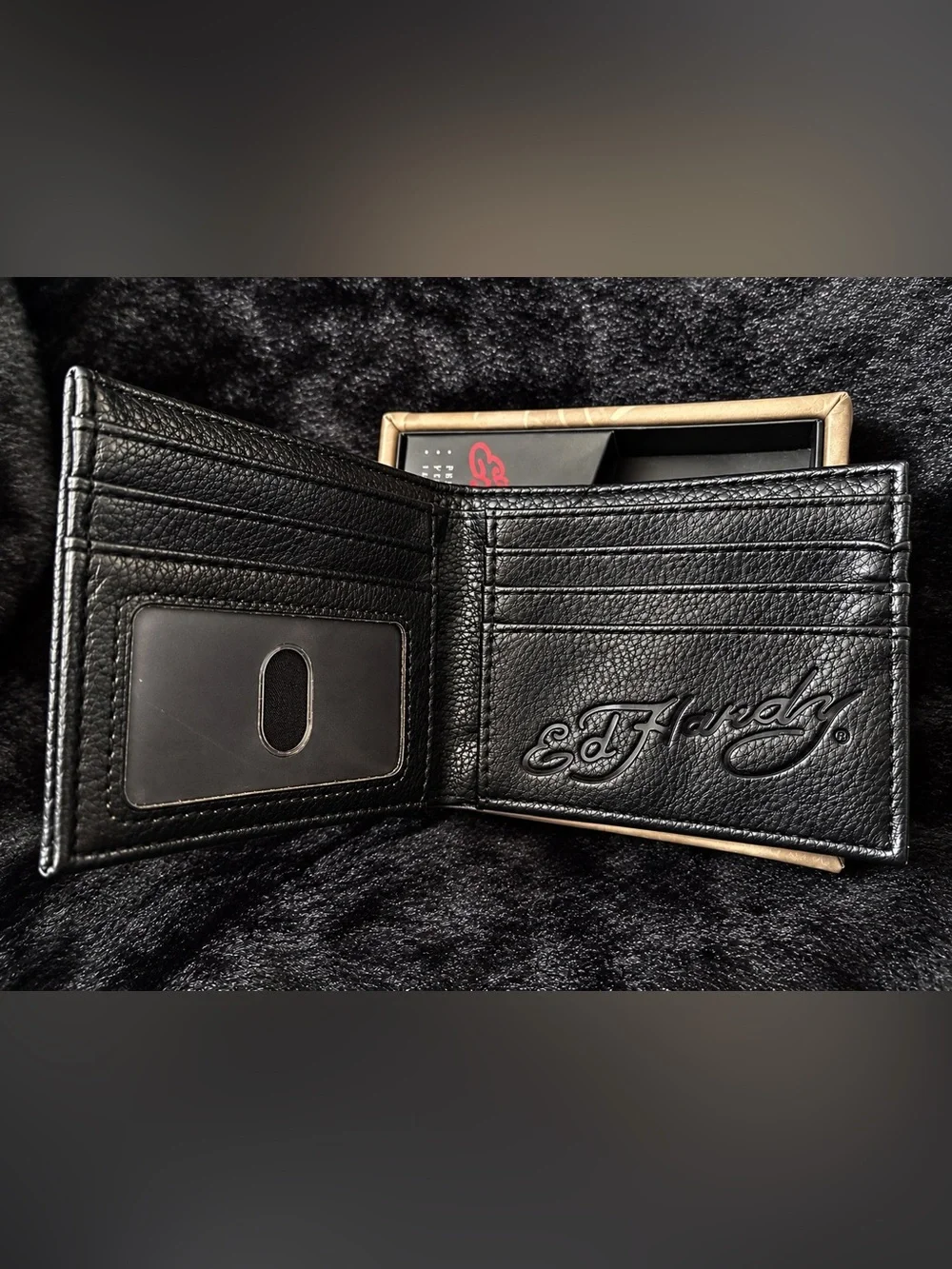 Ed Hardy Black Textured Bifold Wallet with Silver Logo